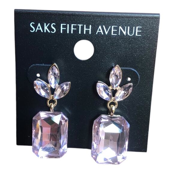Saks Fifth Avenue NWT Leaf Crystal Rectangle Soft Petal Pink Dangle Earrings - Picture 1 of 11